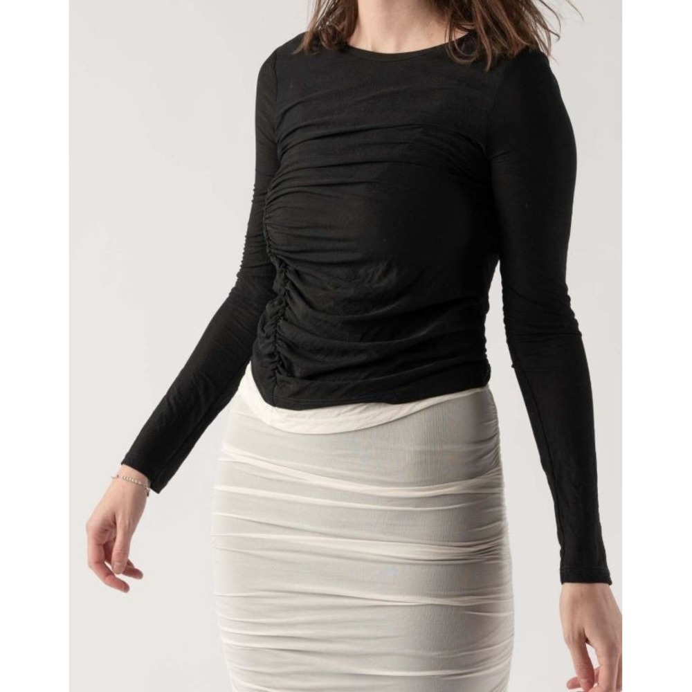 Simon Miller Women's Long Sleeve Marz Mesh Ruched Top in Black/White XS